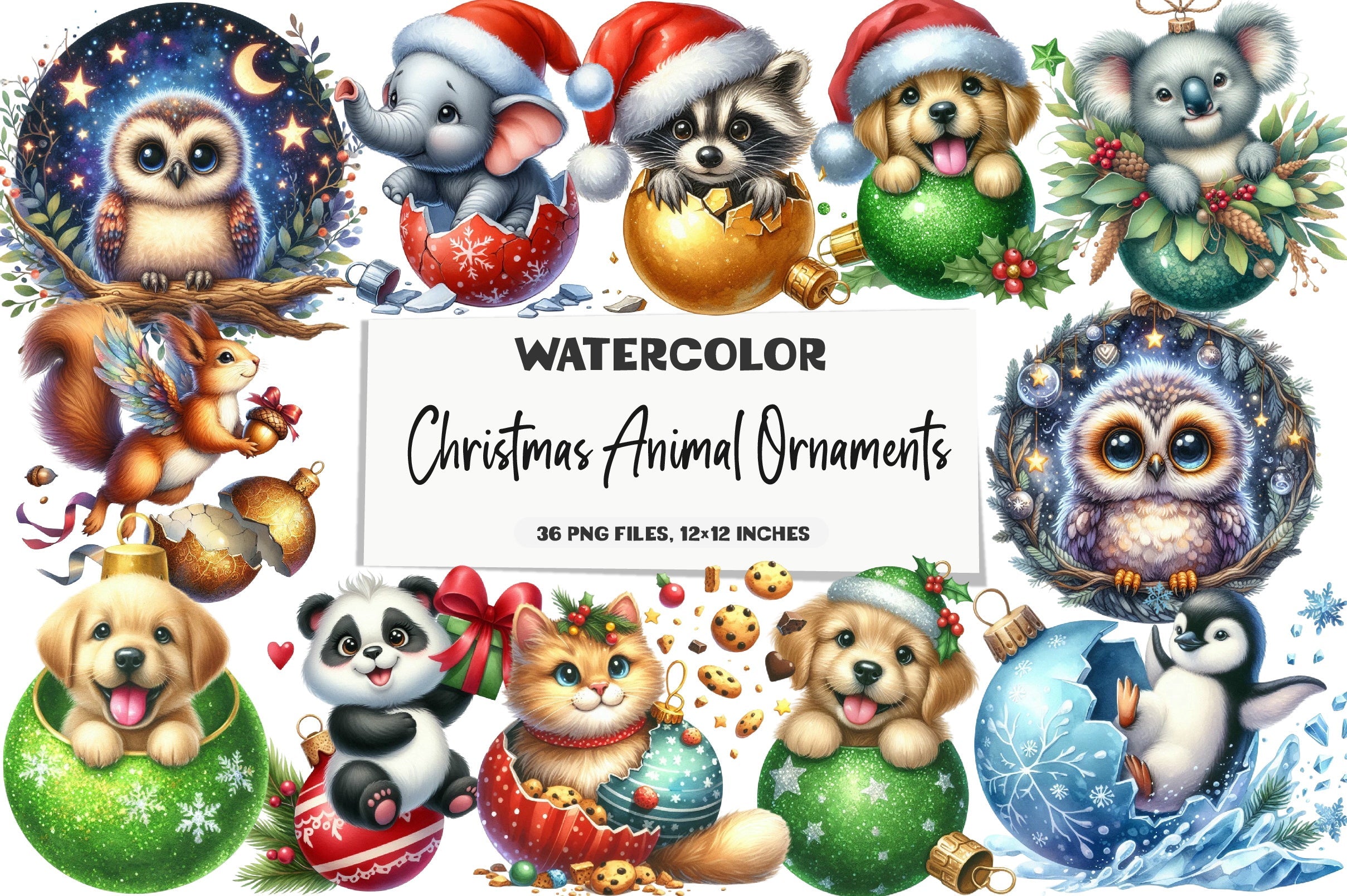 Christmas Animal Ornaments Clipart Bundle