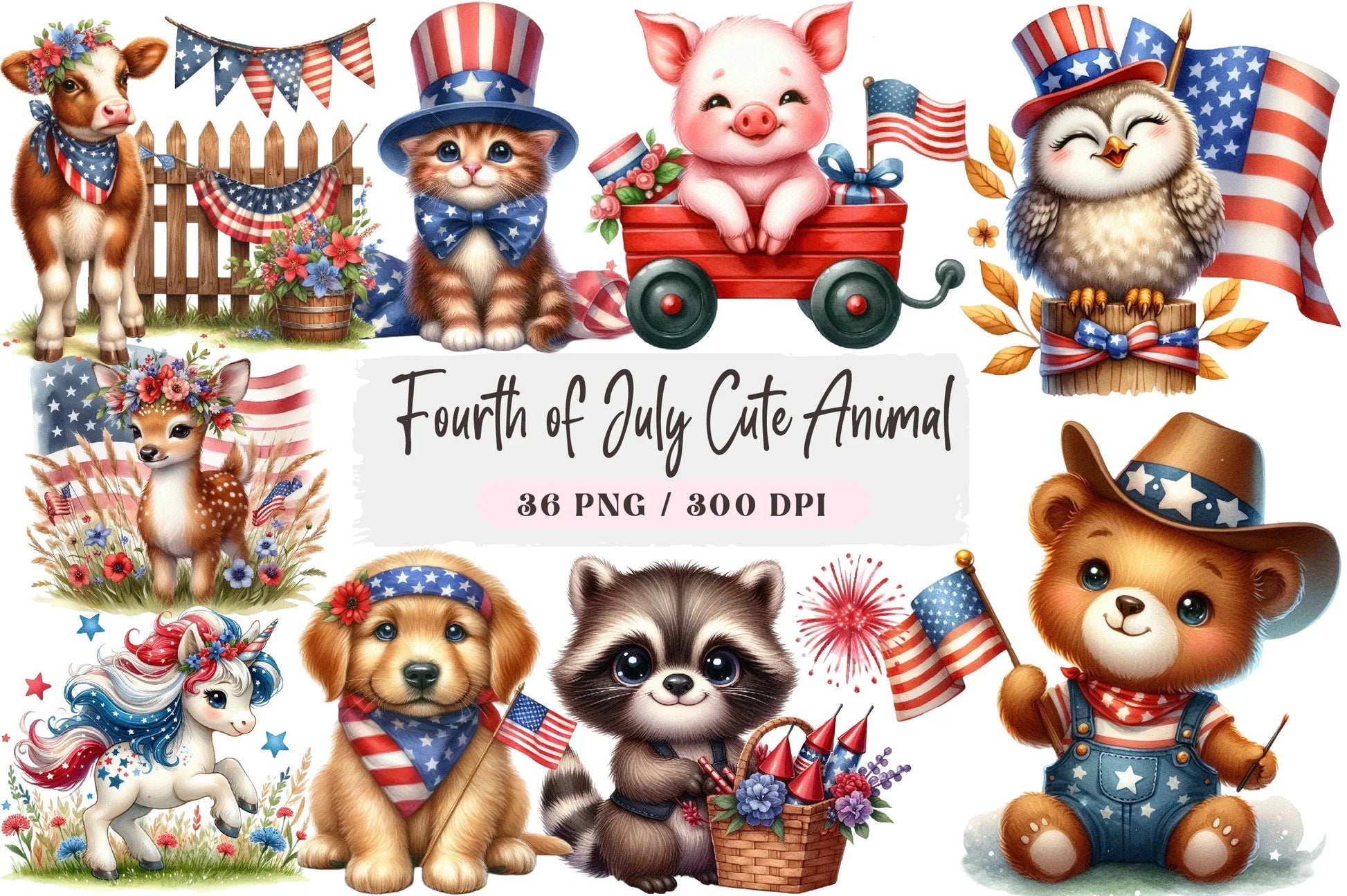 Fourth of July Cute Animal Clipart Bundle - CraftNest - Digital Crafting and Art