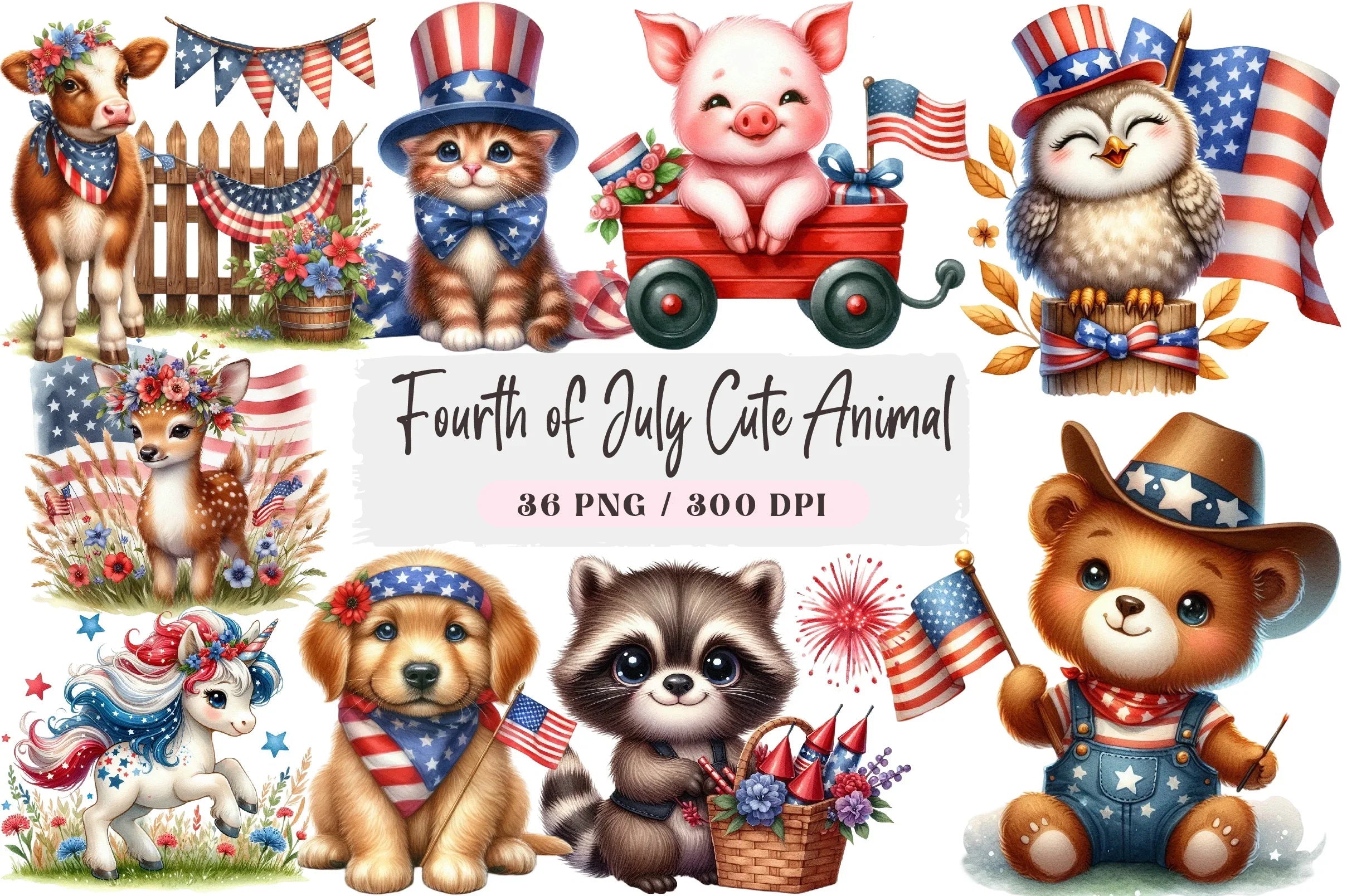 Fourth of July Cute Animal Clipart Bundle - CraftNest - Digital Crafting and Art