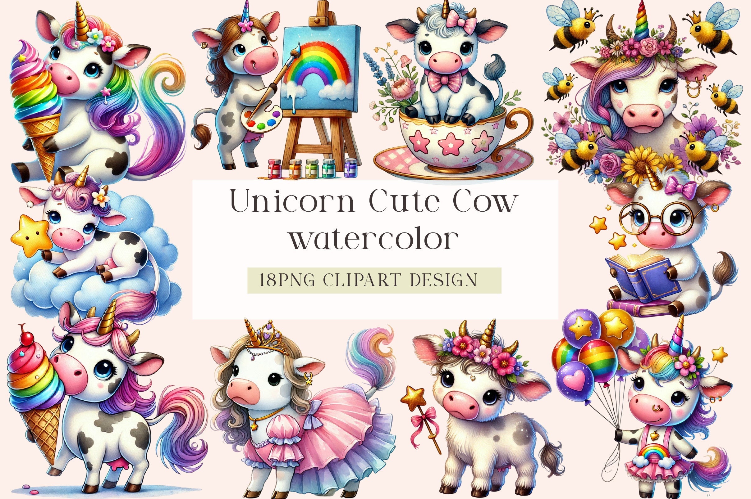 Unicorn Cute Cow Clipart Bundle