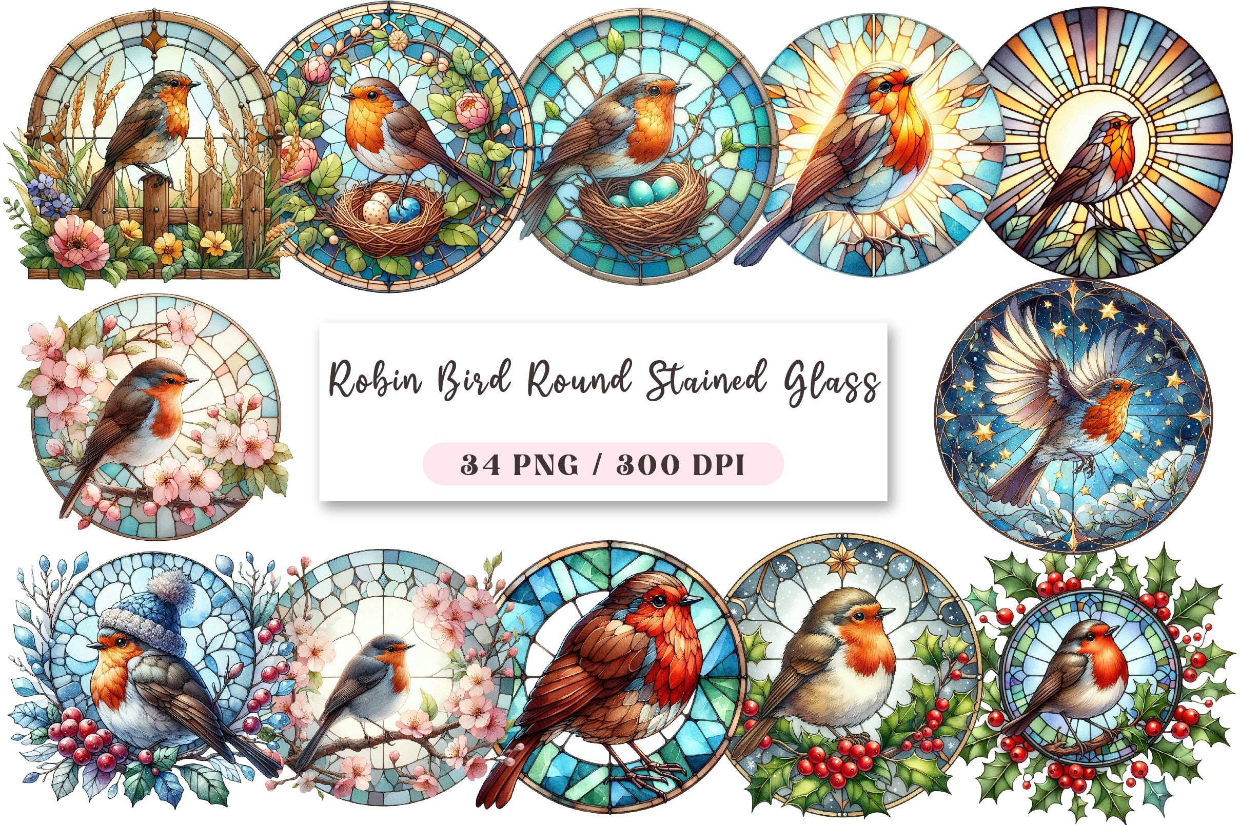 Robin Bird Stained Glass Clipart Bundle