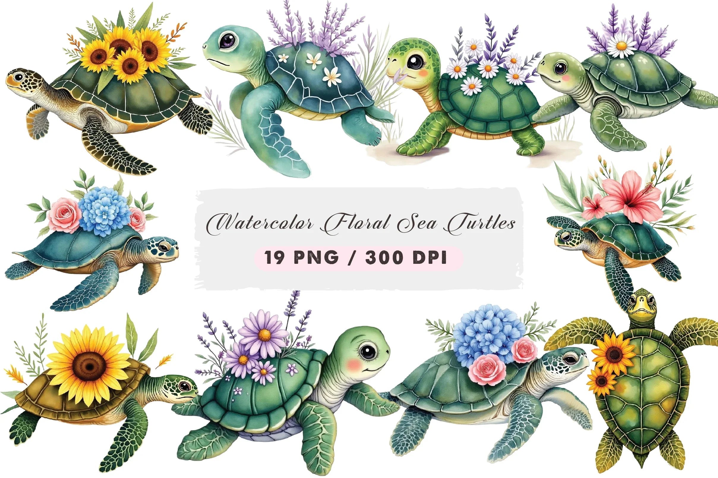 Floral Sea Turtles Clipart Bundle - CraftNest - Digital Crafting and Art