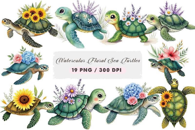 Floral Sea Turtles Clipart Bundle - CraftNest - Digital Crafting and Art