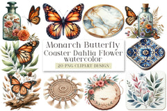 Monarch Butterfly Coaster Dahlia Flower Clipart Bundle - CraftNest - Digital Crafting and Art