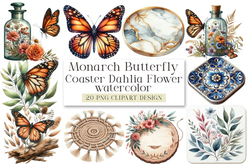 Monarch Butterfly Coaster Dahlia Flower Clipart Bundle - CraftNest - Digital Crafting and Art
