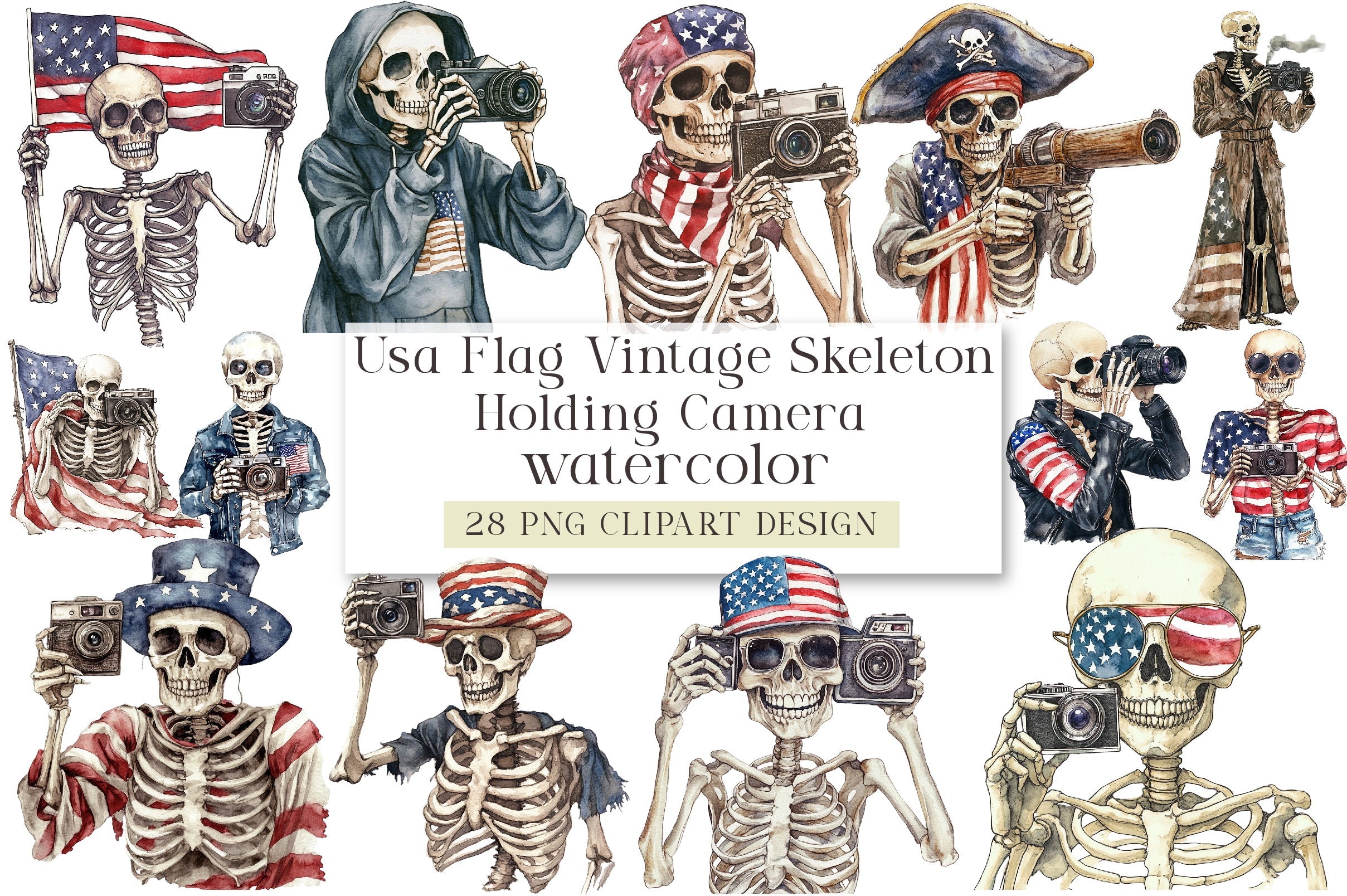 Vintage Skeleton Holding Camera Clipart Bundle - USA Flag Theme