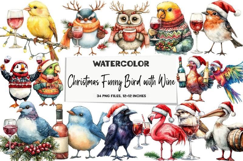Christmas Funny Bird Wine Clipart Bundle - CraftNest - Digital Crafting and Art