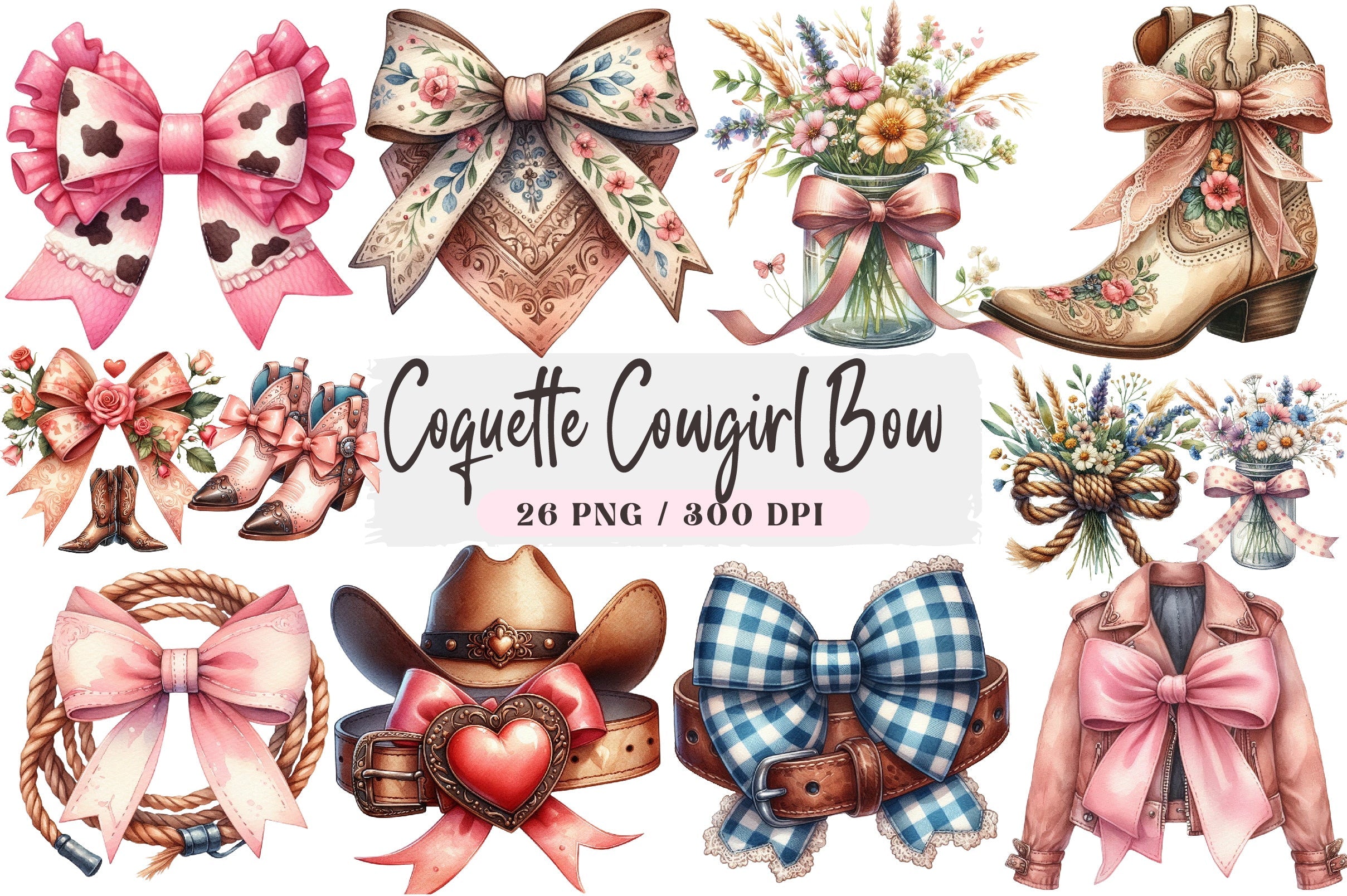 Coquette Cowgirl Bow Clipart Bundle