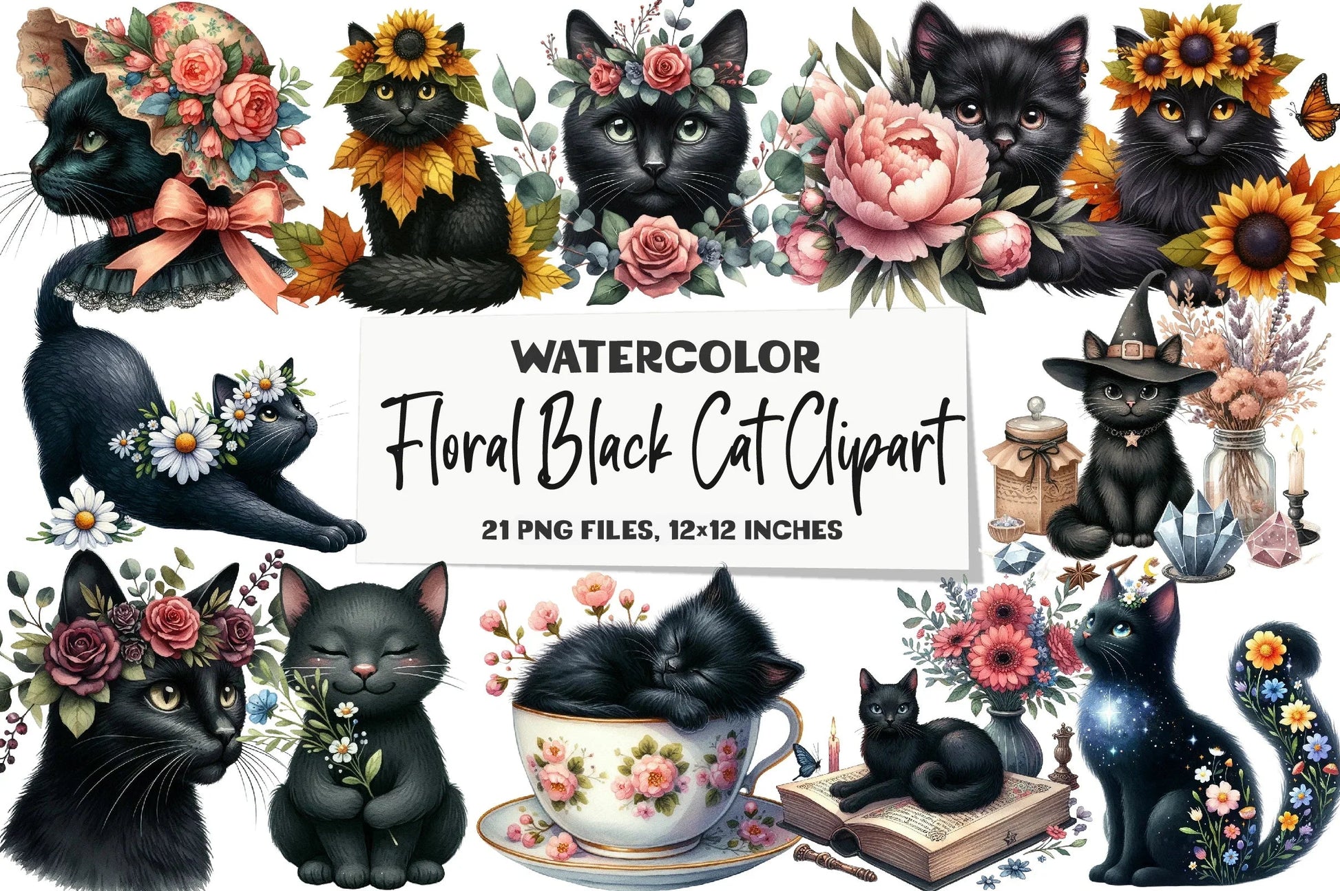 Floral Black Cat Clipart Bundle - CraftNest - Digital Crafting and Art