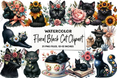 Floral Black Cat Clipart Bundle - CraftNest - Digital Crafting and Art