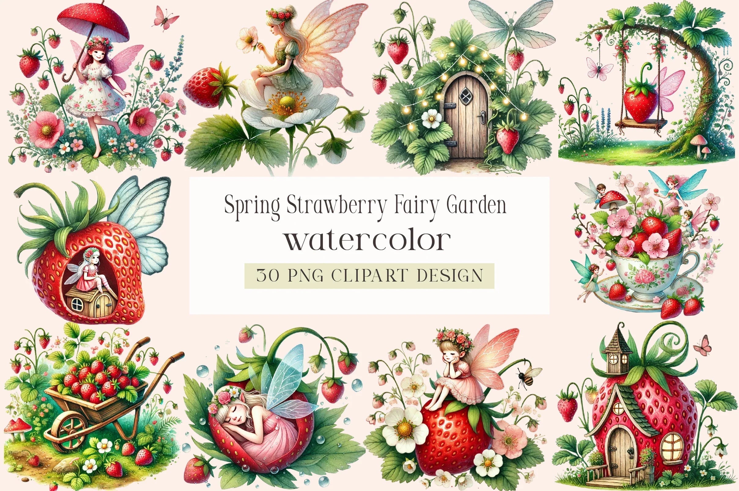 Spring Strawberry Fairy Garden Clipart Bundle - CraftNest - Digital Crafting and Art