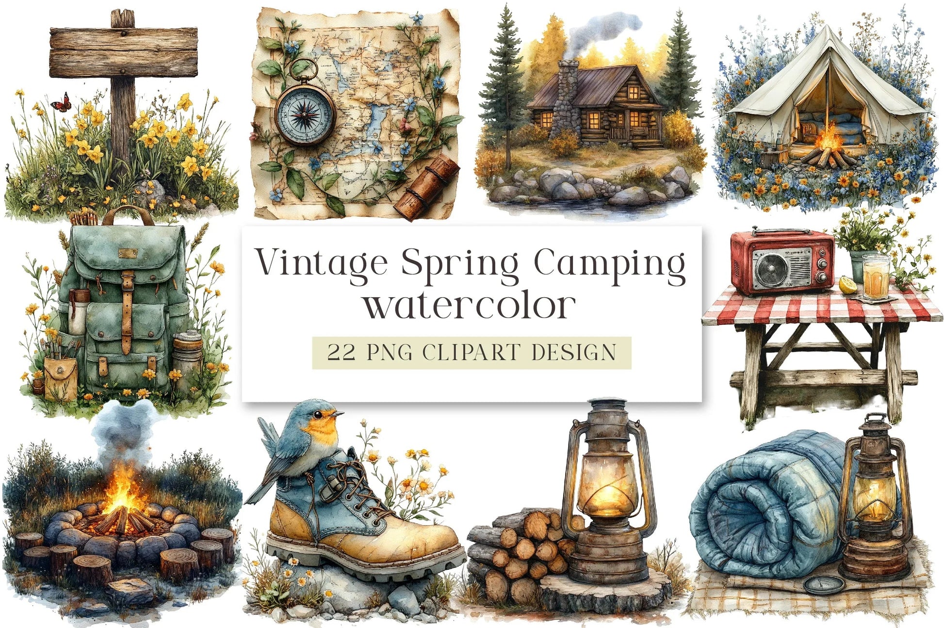 Vintage Spring Camping Clipart Bundle - CraftNest - Digital Crafting and Art