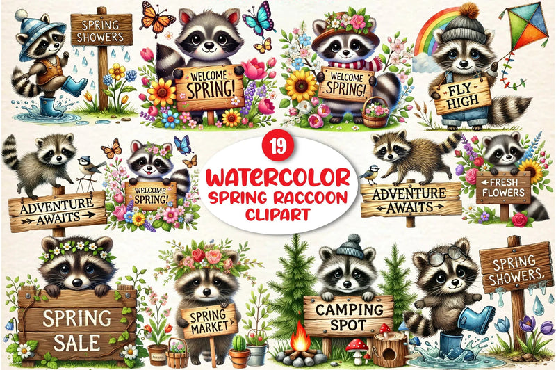 Spring Raccoon Wooden Signs Clipart Bundle - CraftNest - Digital Crafting and Art