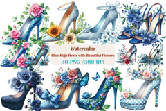 Blue High Heels with Floral Clipart Bundle - CraftNest - Digital Crafting and Art