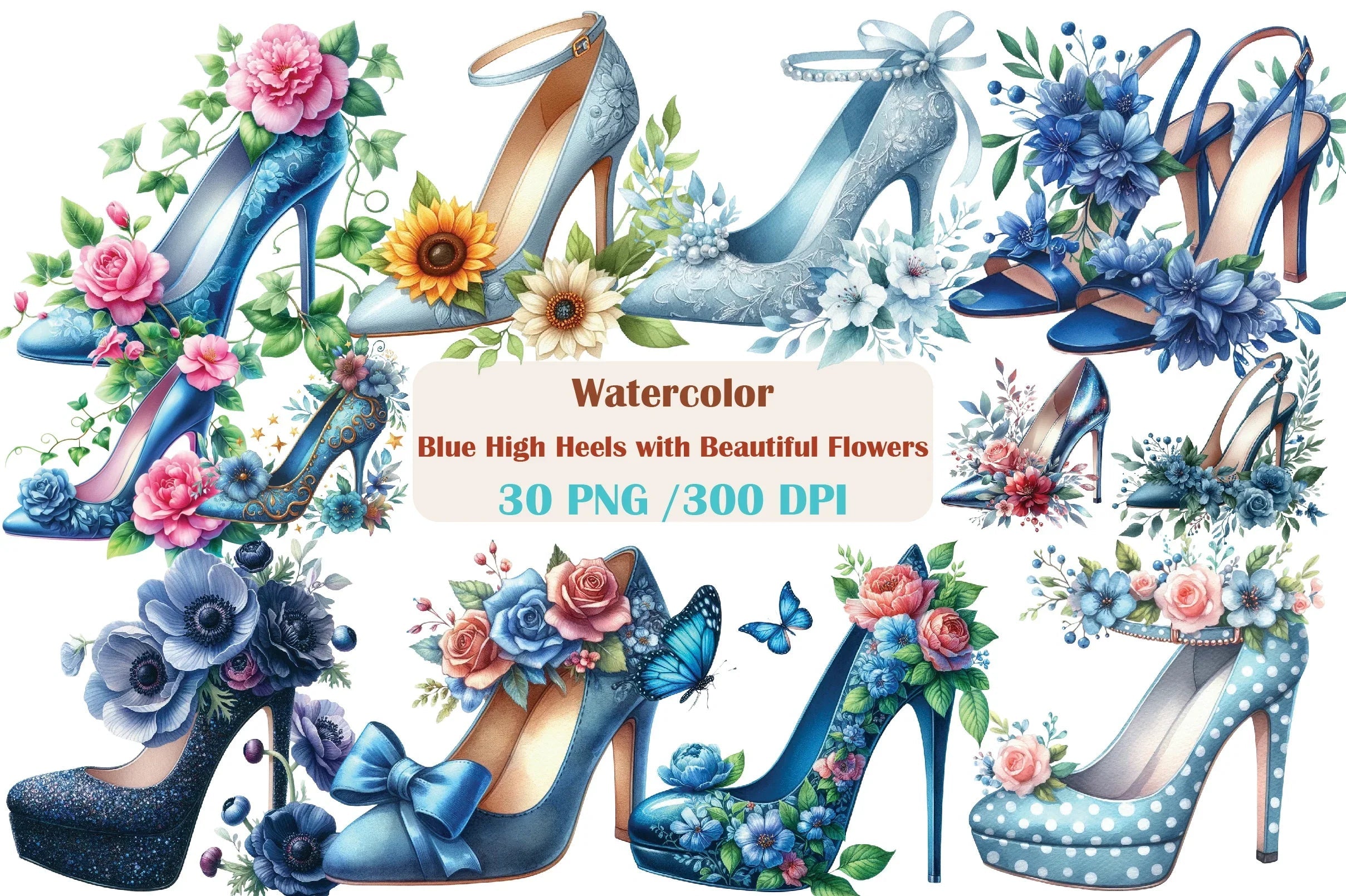 Blue High Heels with Floral Clipart Bundle - CraftNest - Digital Crafting and Art