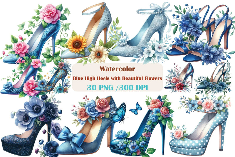 Blue High Heels with Floral Clipart Bundle - CraftNest - Digital Crafting and Art