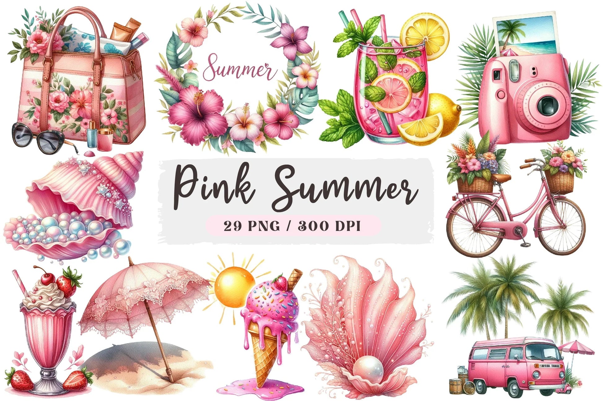 Pink Summer Clipart Bundle - CraftNest - Digital Crafting and Art