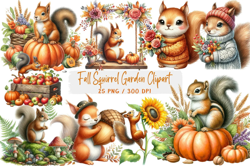 Fall Squirrel Garden Clipart Bundle - CraftNest - Digital Crafting and Art