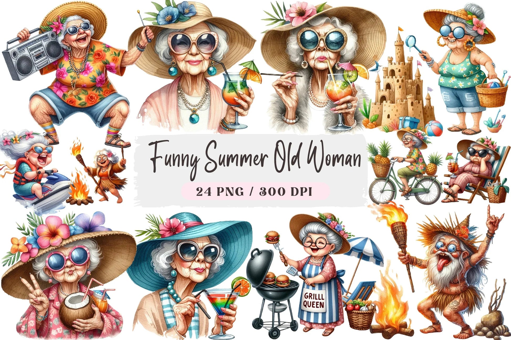 Funny Summer Old Woman Clipart Bundle - CraftNest - Digital Crafting and Art