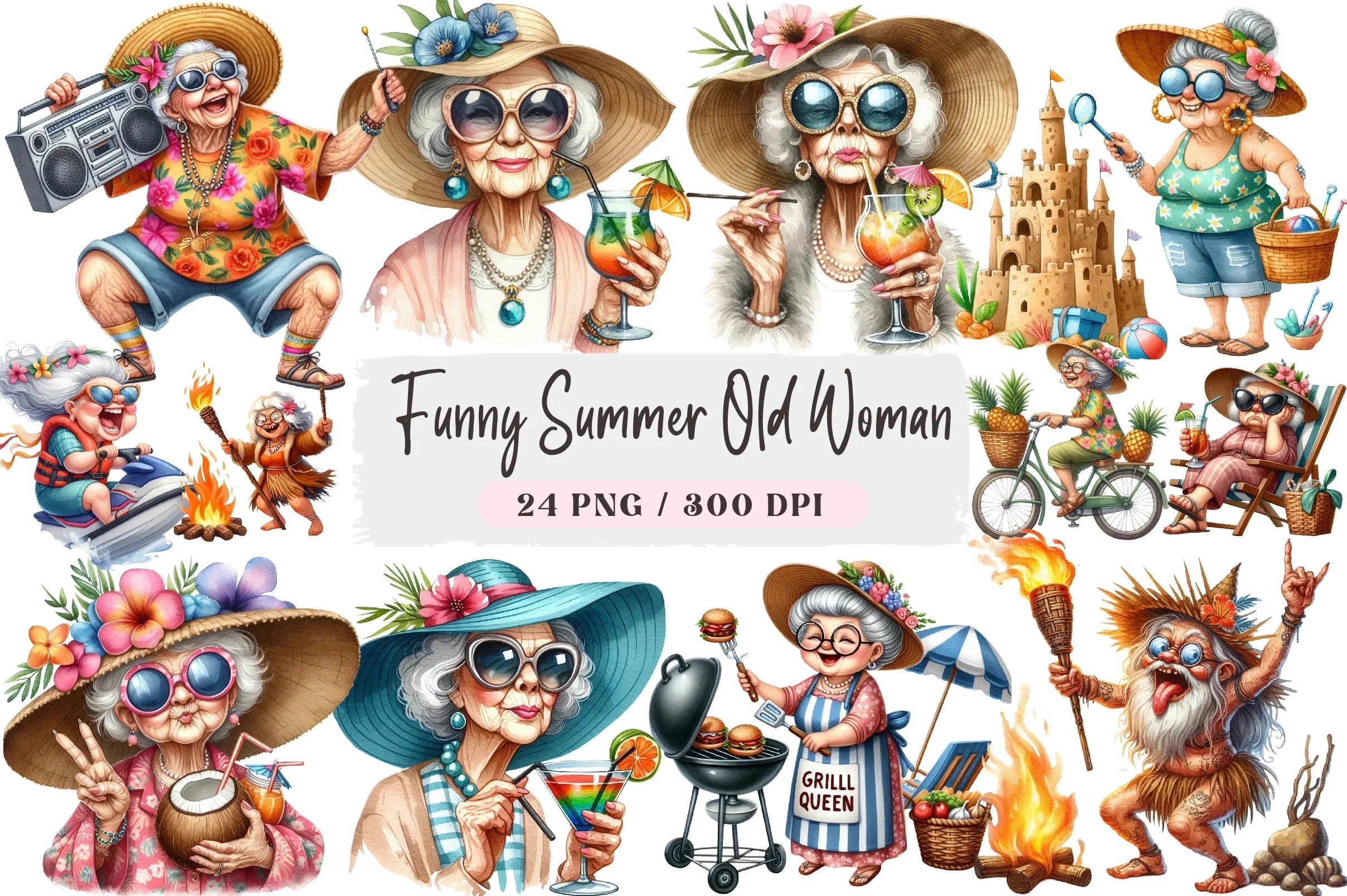 Funny Summer Old Woman Clipart Bundle - CraftNest - Digital Crafting and Art