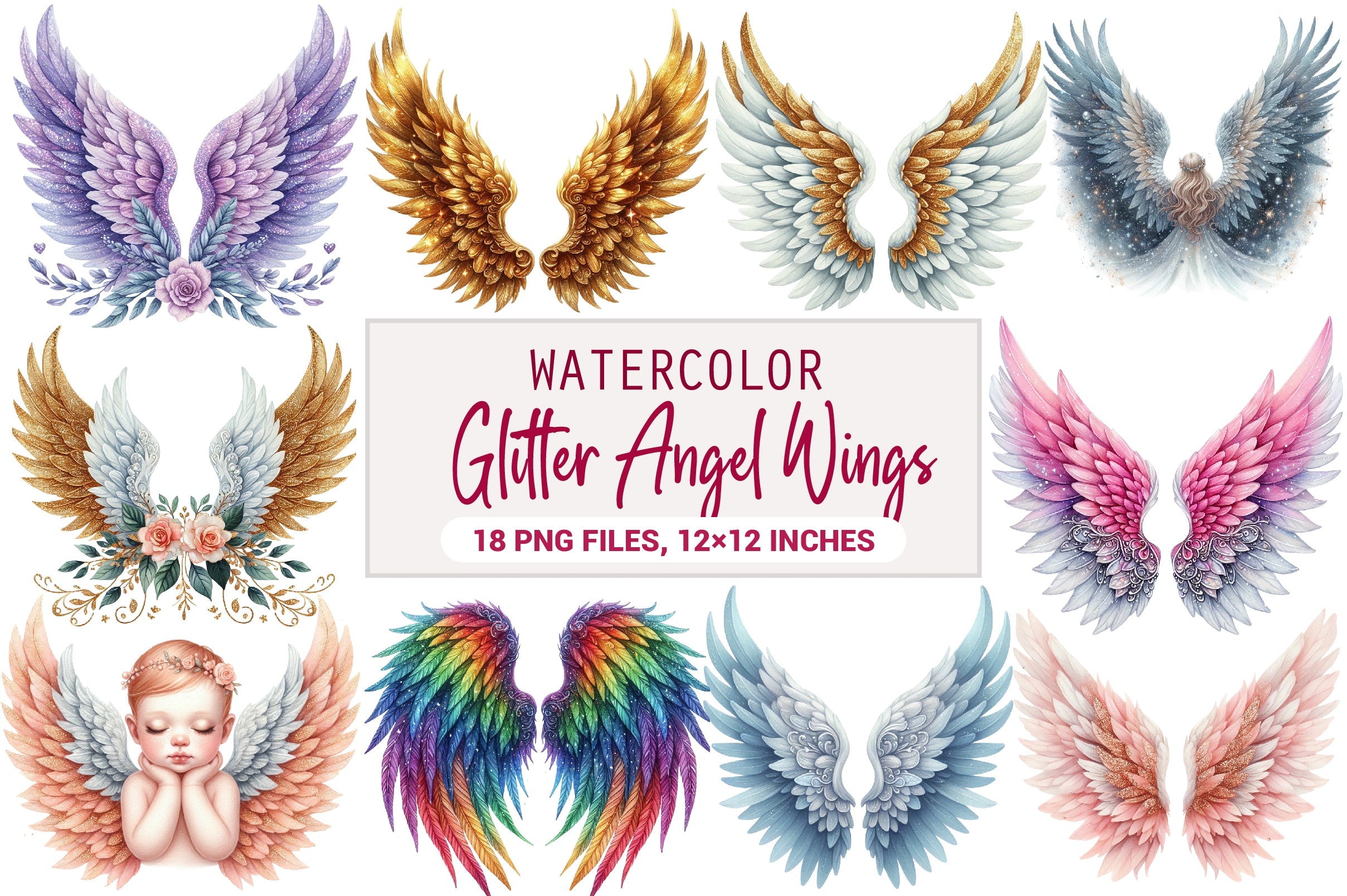 Glitter Angel Wings Clipart Bundle