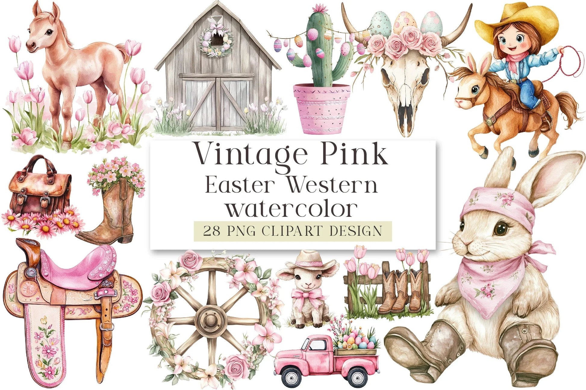 Vintage Pink Easter Western Clipart Bundle - CraftNest - Digital Crafting and Art