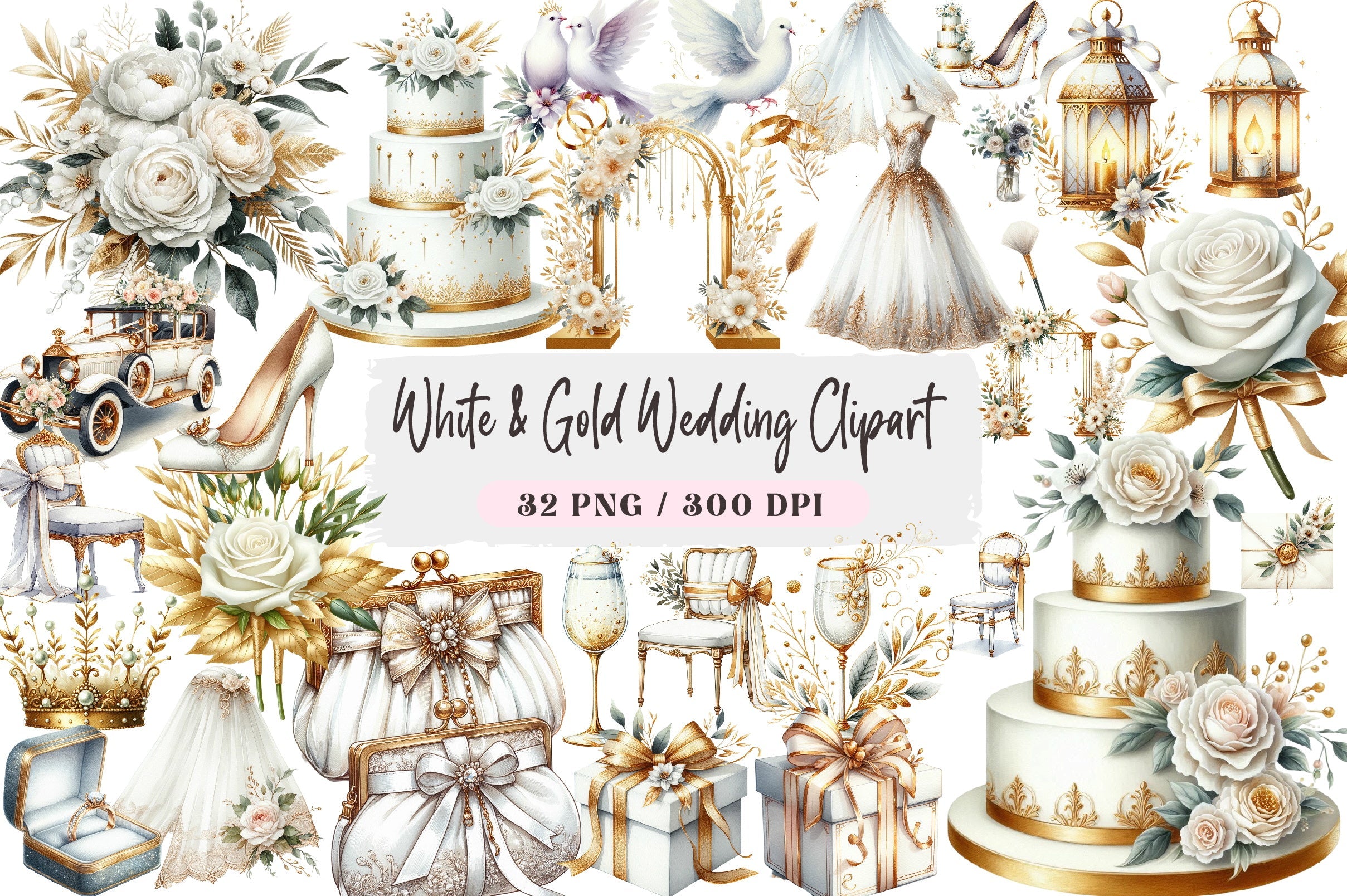 White & Gold Wedding Clipart Bundle