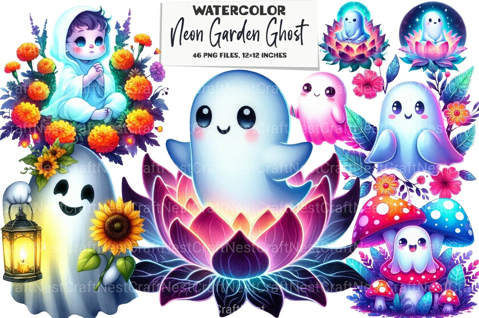 Neon Garden Ghost Halloween Clipart Bundle 33 - CraftNest - Digital Crafting and Art