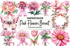 Pink Flowers Breast Cancer Awareness Clipart Bundle - CraftNest - Digital Crafting and Art