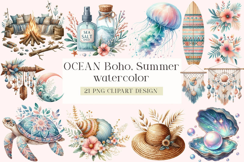 Ocean Boho Summer Clipart Bundle - CraftNest - Digital Crafting and Art