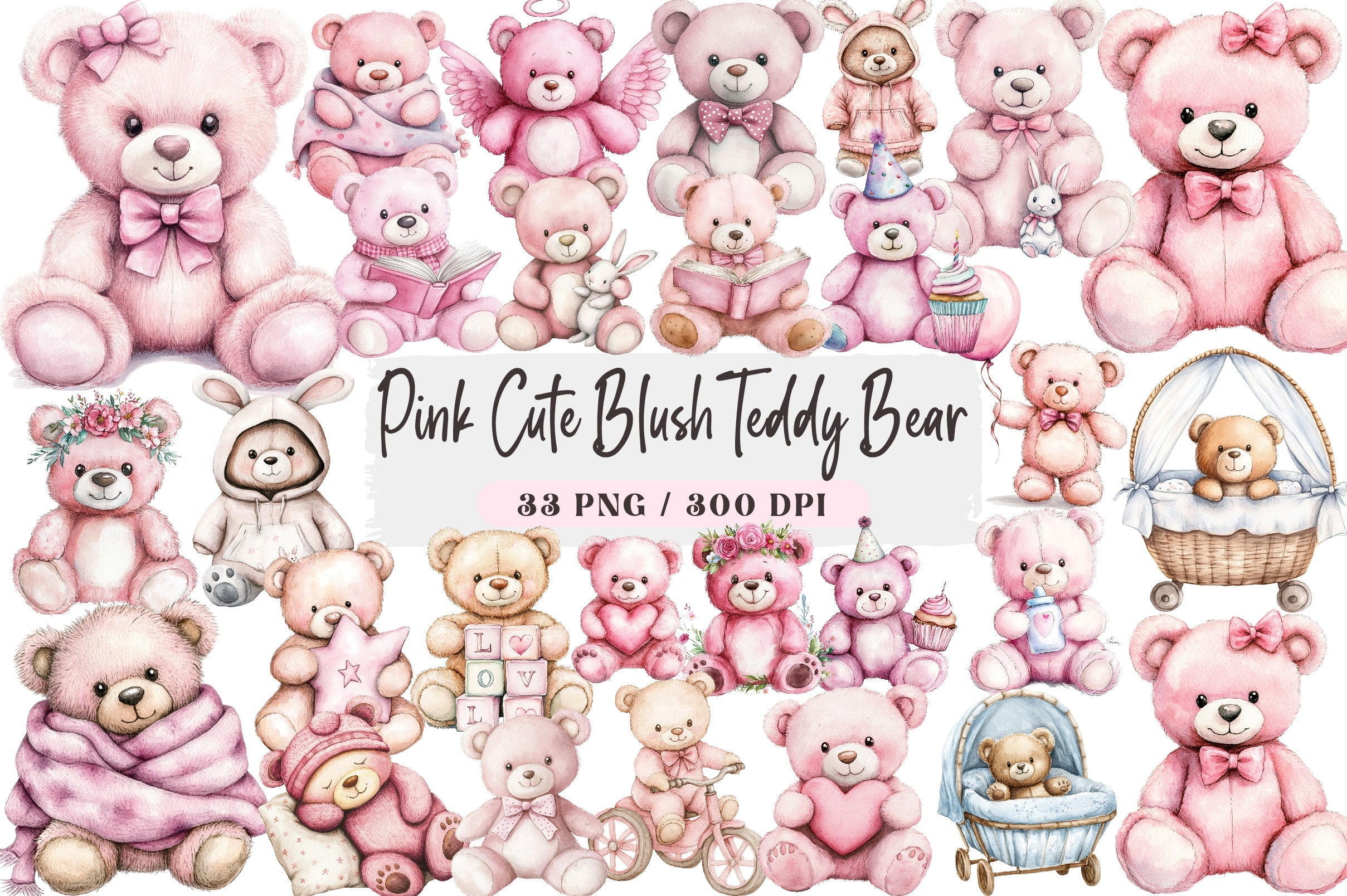 Pink Cute Blush Teddy Bear Clipart Bundle