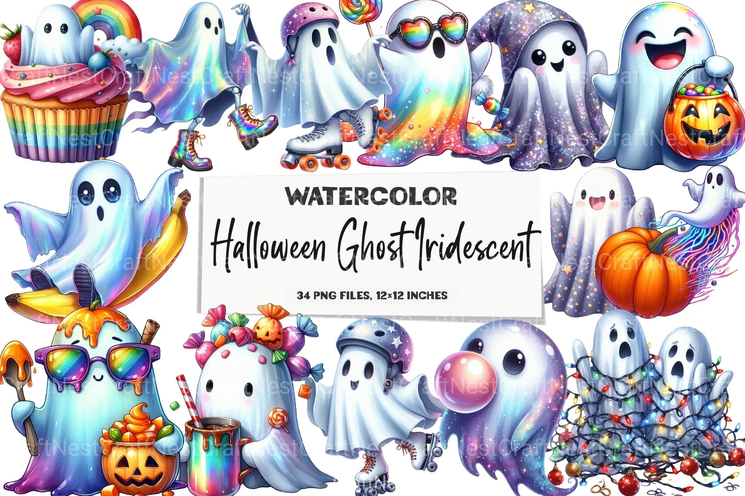 Funny Halloween Ghost Iridescent Clipart Bundle - CraftNest - Digital Crafting and Art