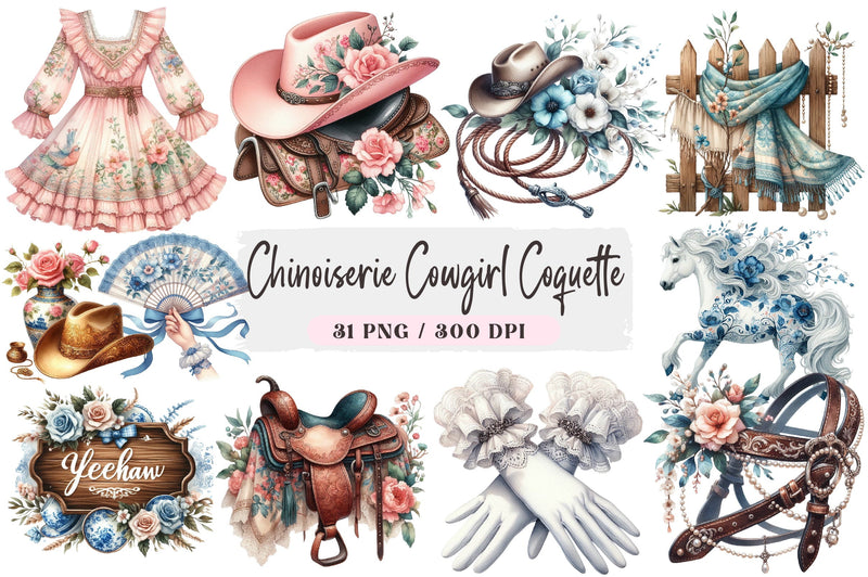 Chinoiserie Cowgirl Coquette Clipart Bundle - CraftNest - Digital Crafting and Art