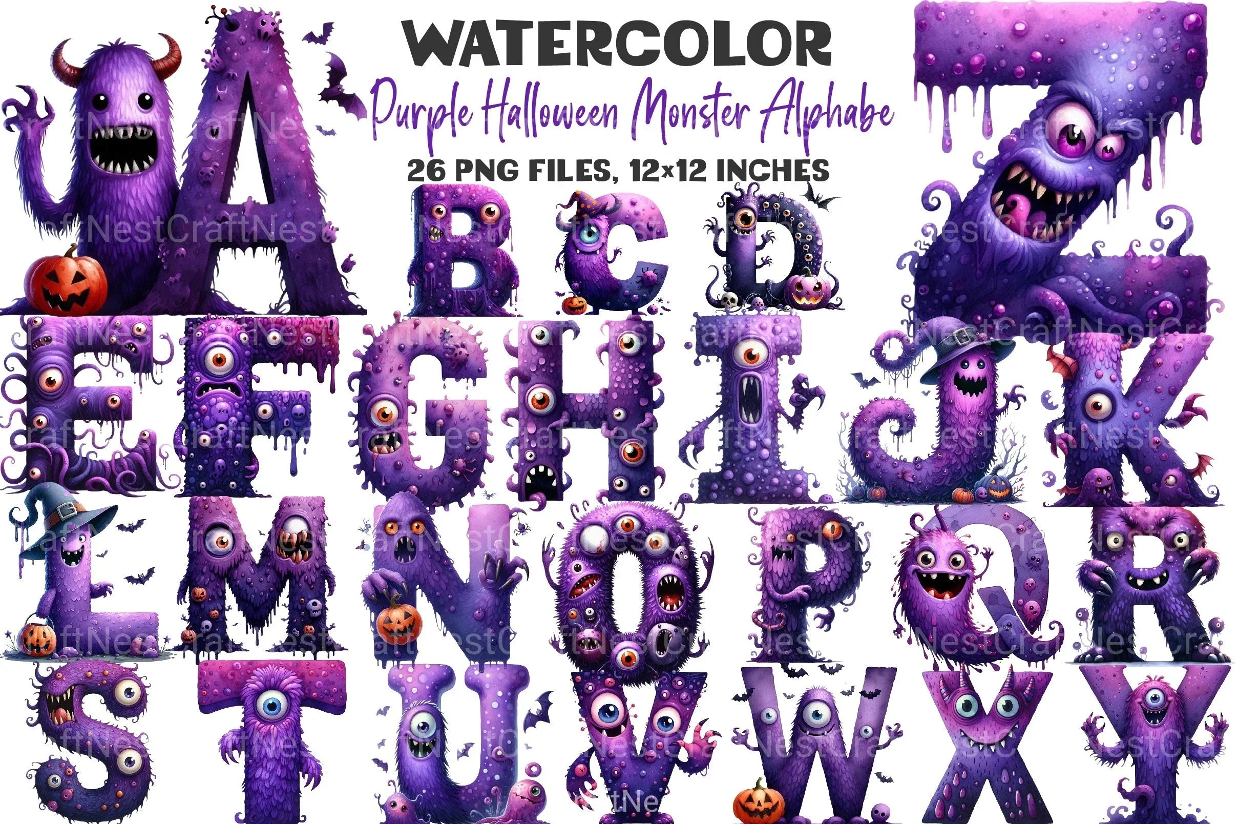 Purple Halloween Monster Alphabet Clipart Bundle - CraftNest - Digital Crafting and Art