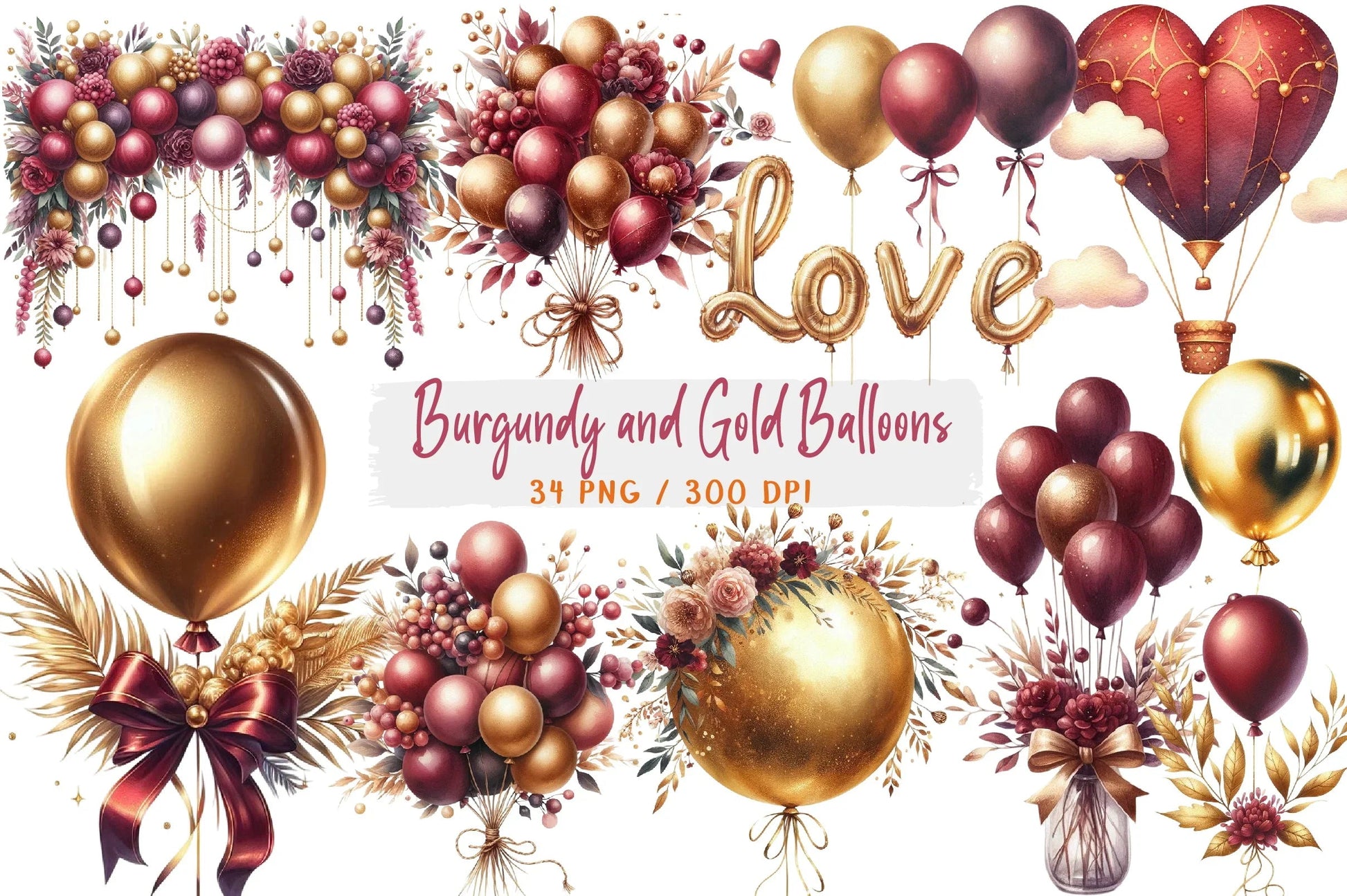 Burgundy and Gold Balloons Clipart Bundle - CraftNest - Digital Crafting and Art