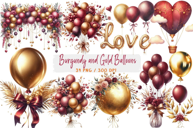 Burgundy and Gold Balloons Clipart Bundle - CraftNest - Digital Crafting and Art