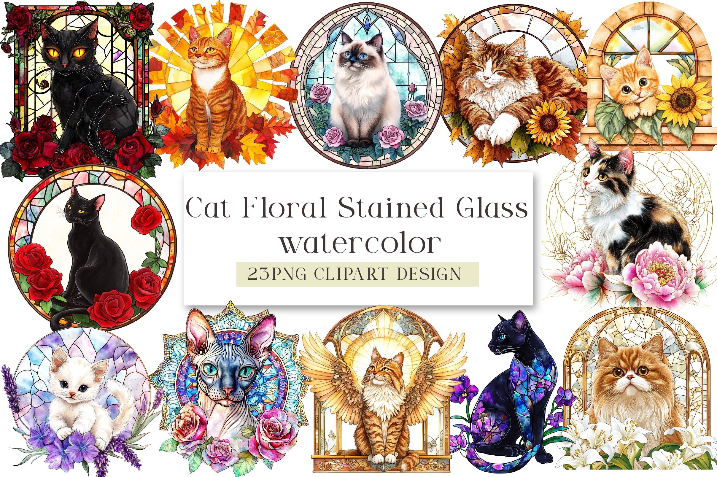 Cat Floral Stained Glass Clipart Bundle