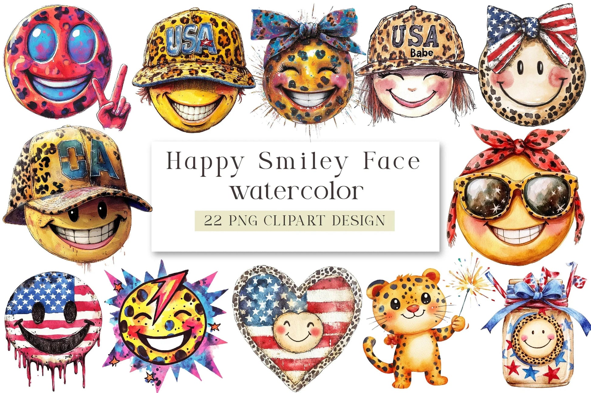 Happy Smiley Face Leopard 4th of July Clipart Bundle - CraftNest - Digital Crafting and Art