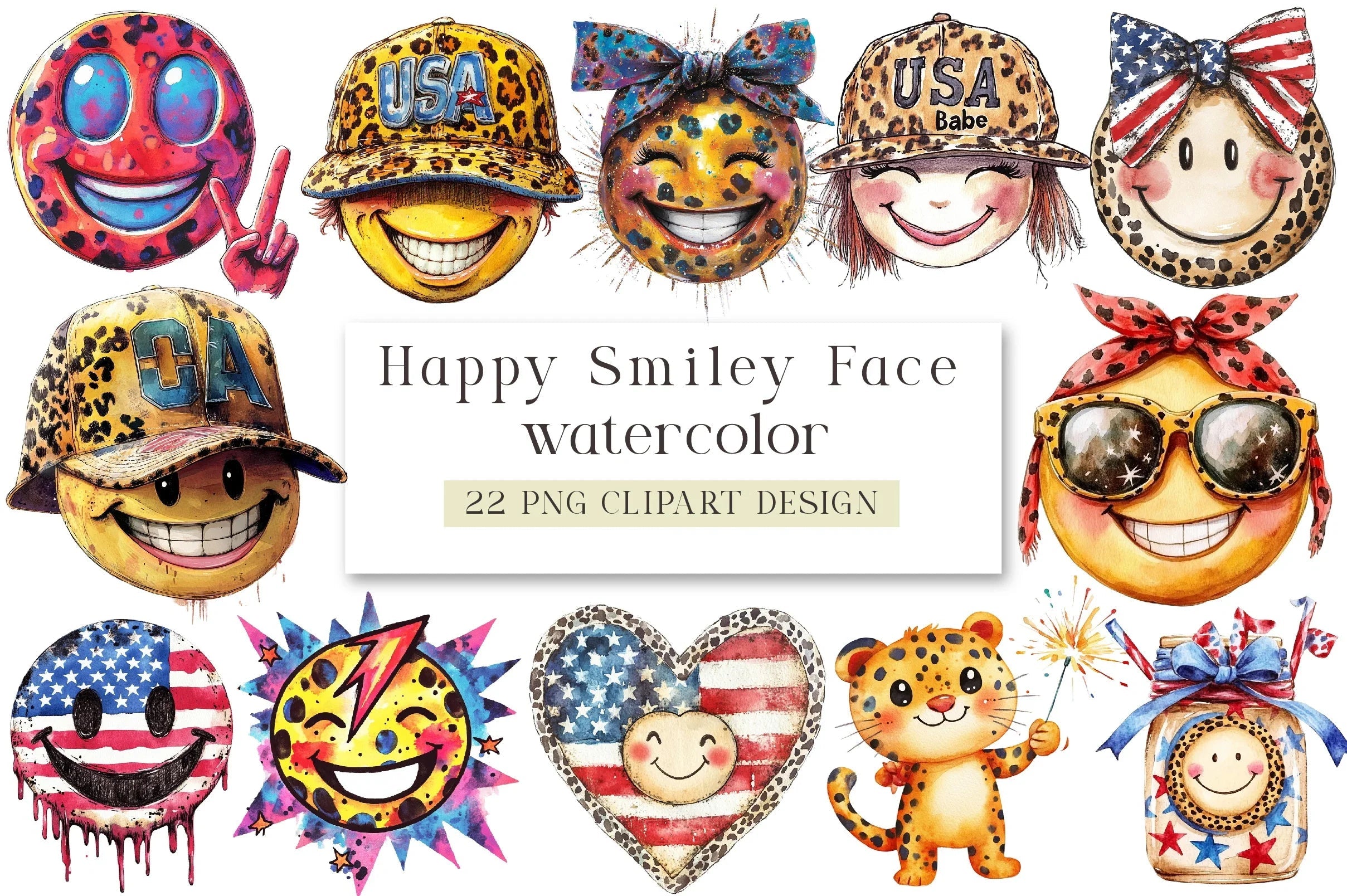 Happy Smiley Face Leopard 4th of July Clipart Bundle - CraftNest - Digital Crafting and Art