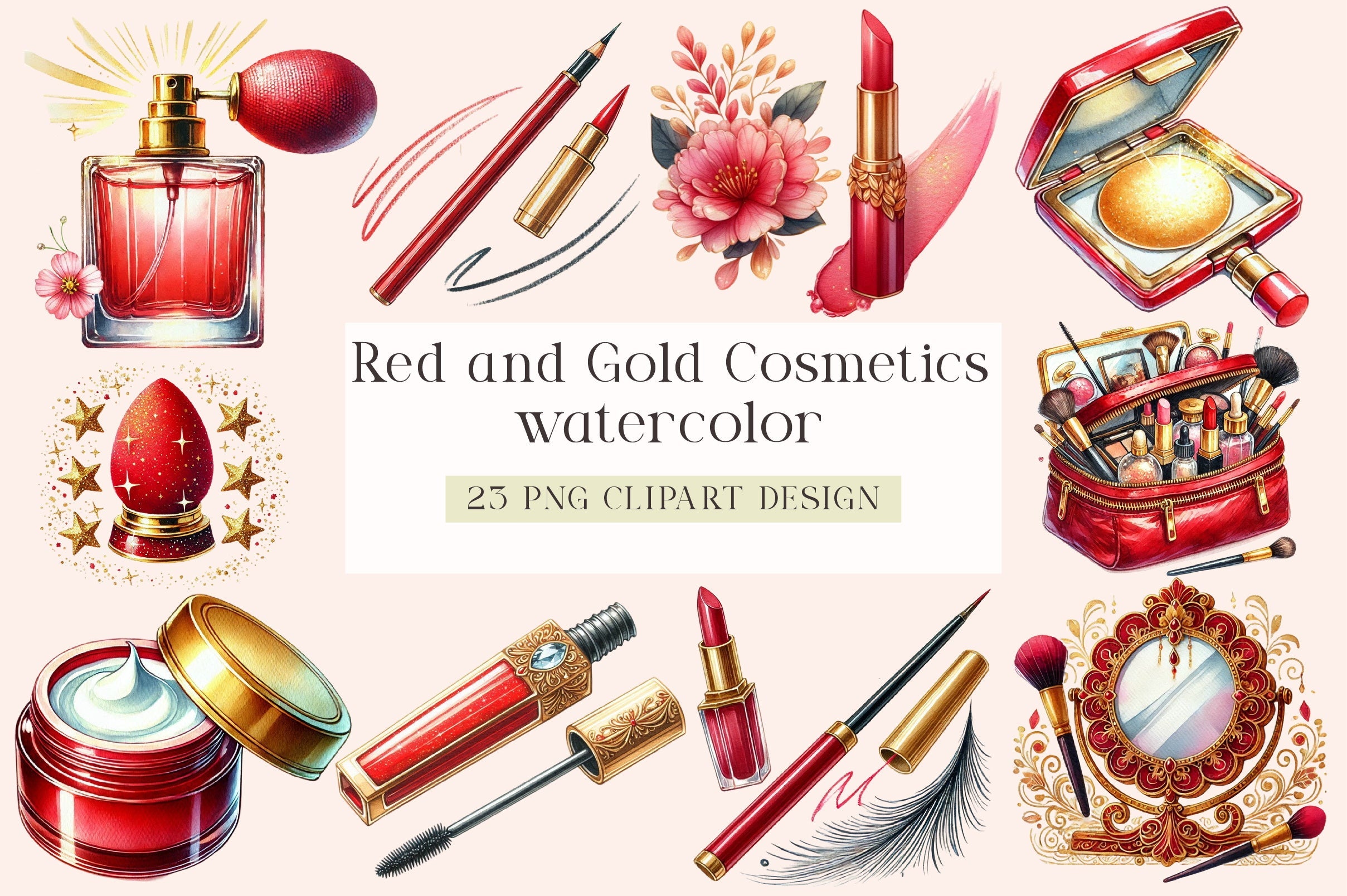 Red and Gold Cosmetics Clipart Bundle
