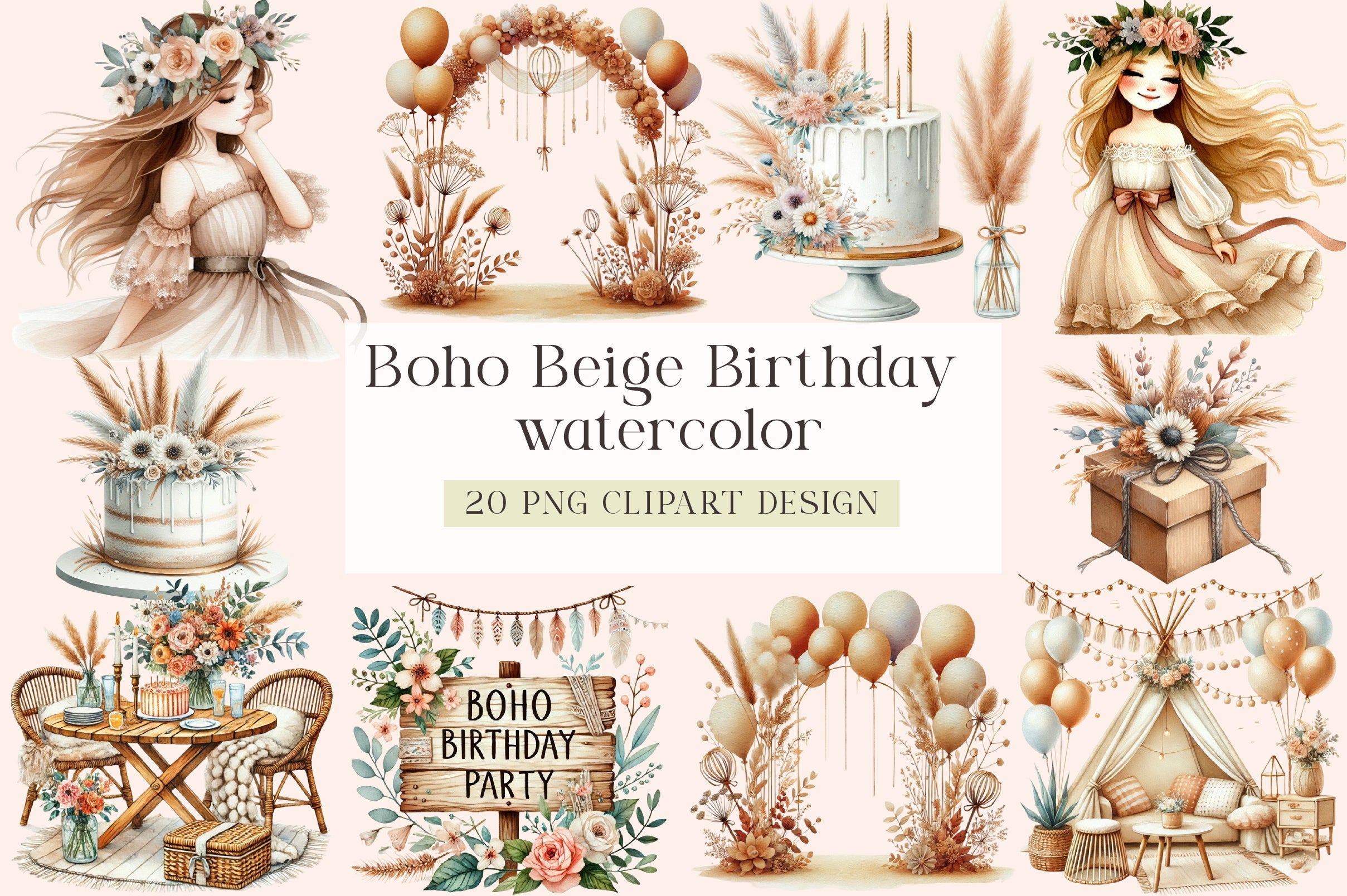 Boho Beige Birthday Clipart Bundle