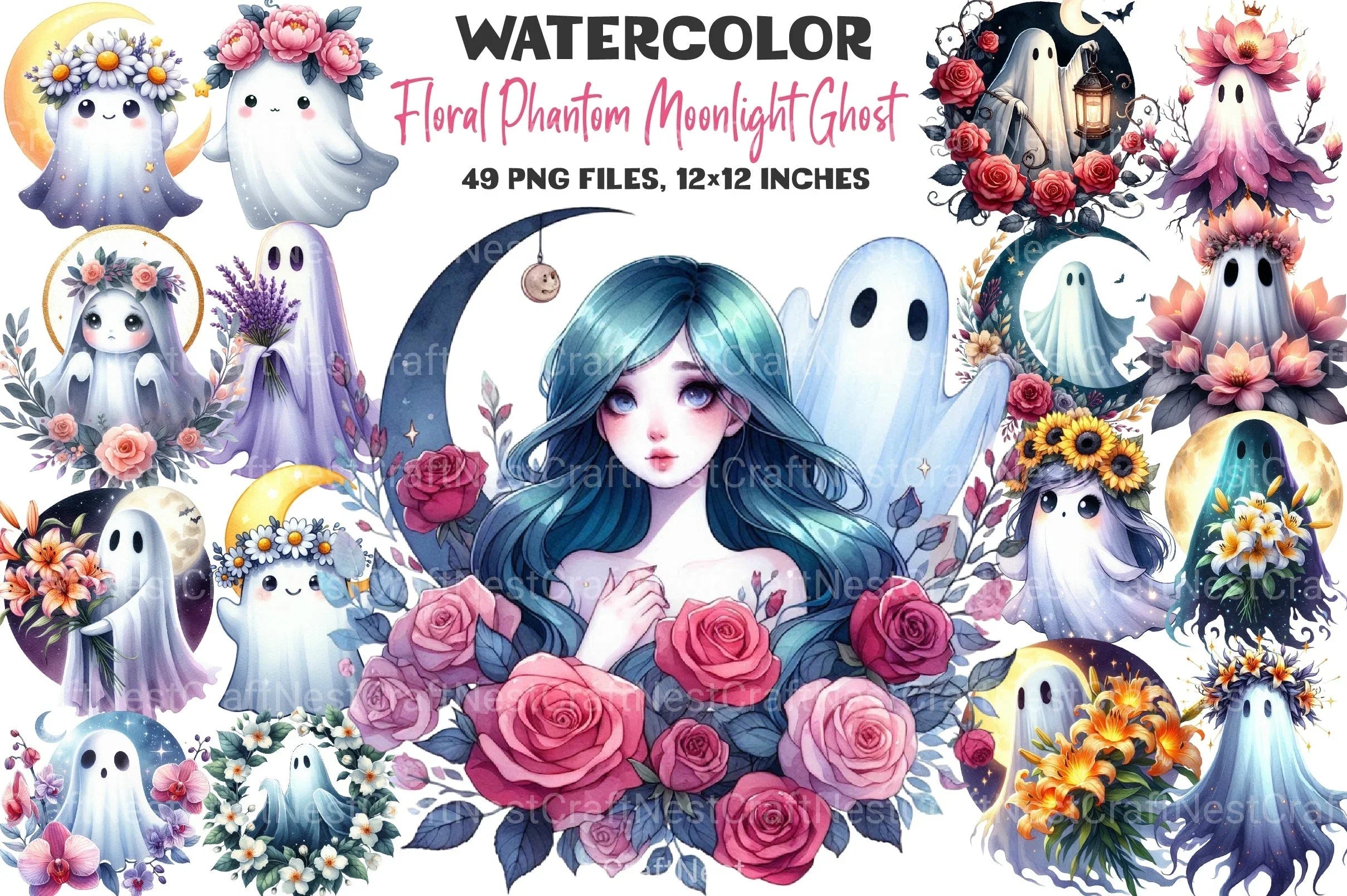 Floral Phantom Moonlight Ghost Clipart Bundle - CraftNest - Digital Crafting and Art