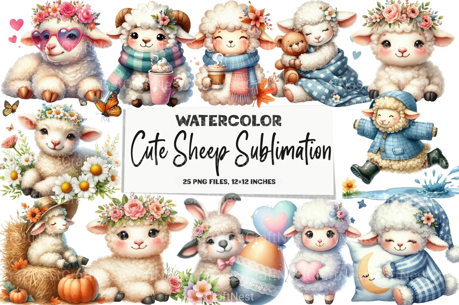 Cute Sheep Clipart Bundle - CraftNest - Digital Crafting and Art