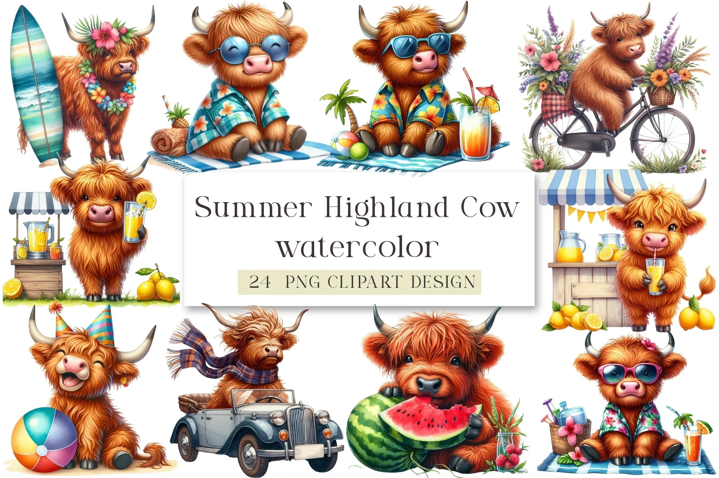 Summer Highland Cow Clipart Bundle - CraftNest - Digital Crafting and Art
