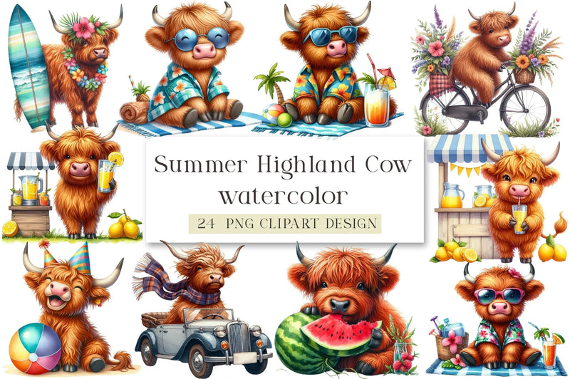 Summer Highland Cow Clipart Bundle - CraftNest - Digital Crafting and Art