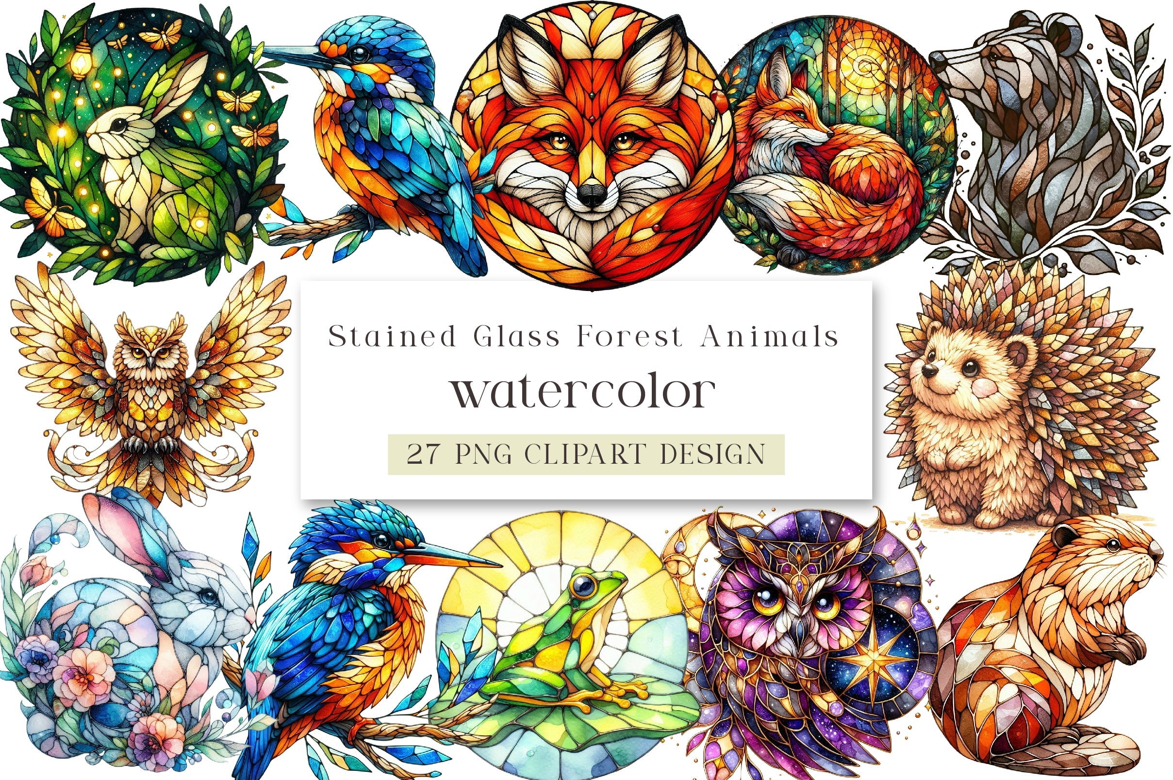 Stained Glass Forest Animals Clipart Bundle