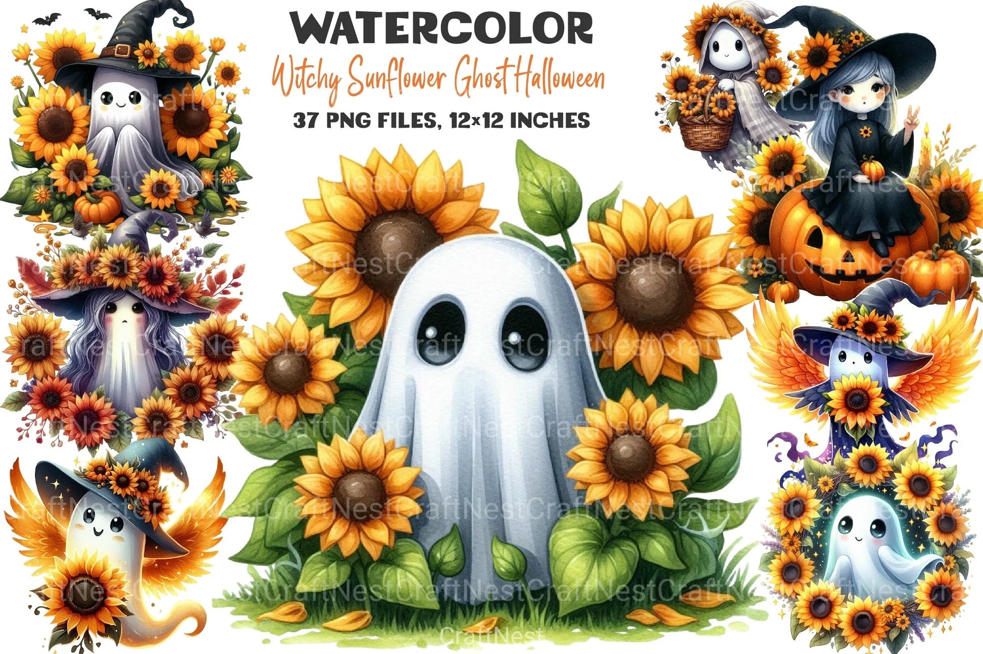 Witchy Sunflower Ghost Halloween Clipart Bundle - CraftNest - Digital Crafting and Art