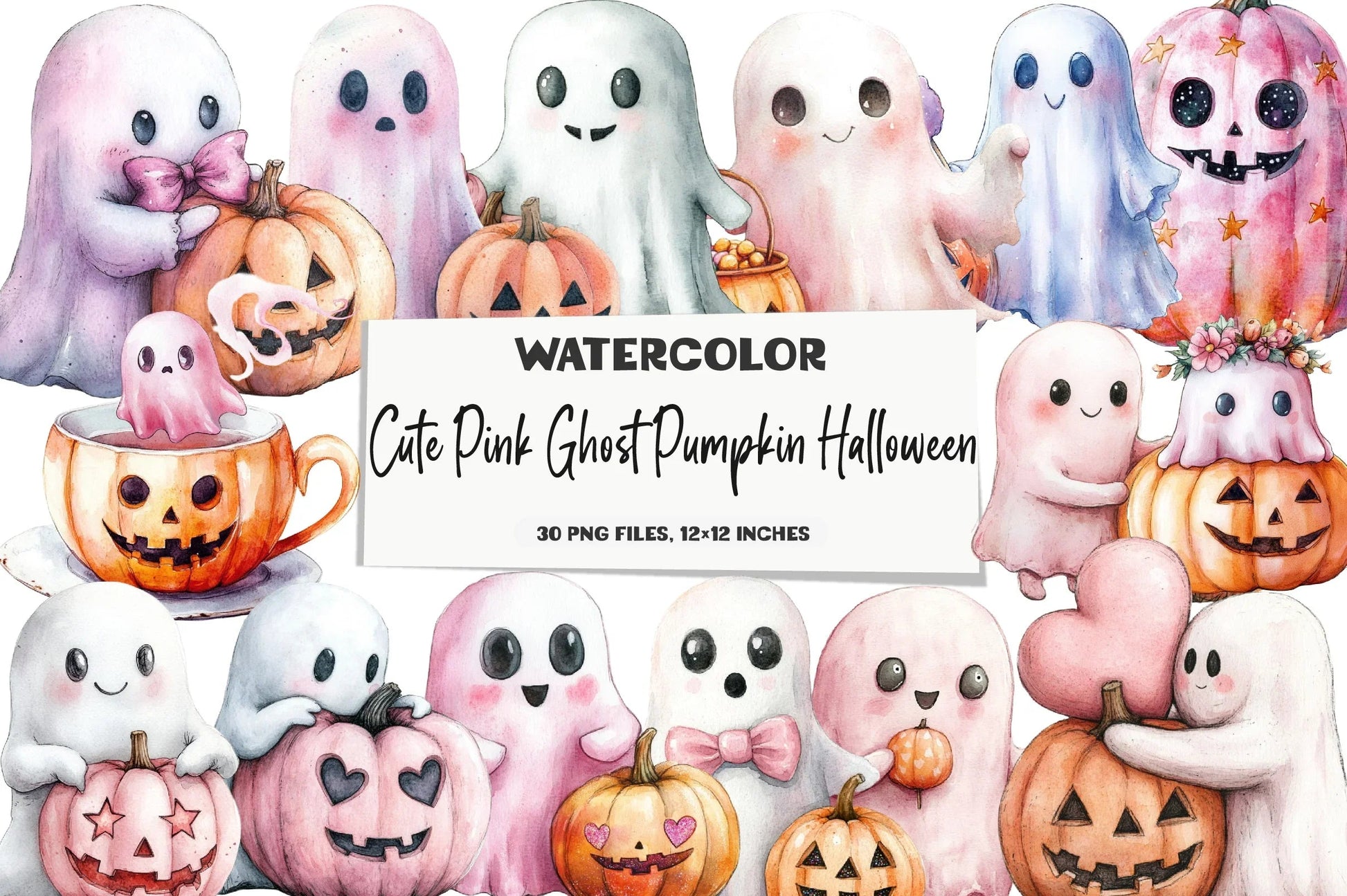 Cute Pink Ghost Pumpkin Halloween Clipart Bundle - CraftNest - Digital Crafting and Art