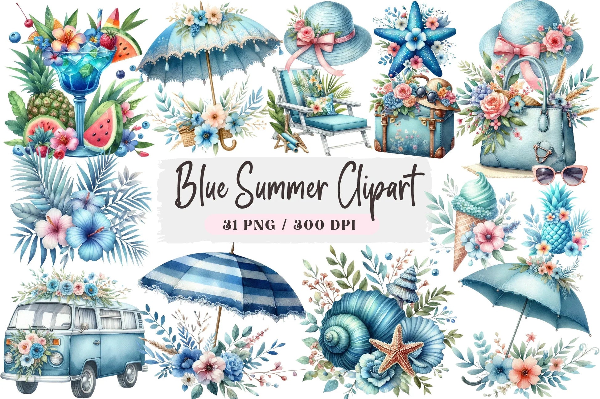 Blue Summer Clipart Bundle - CraftNest - Digital Crafting and Art