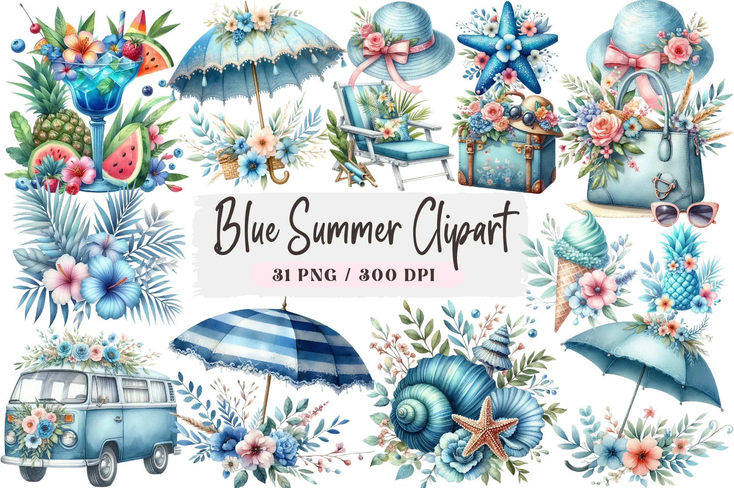 Blue Summer Clipart Bundle - CraftNest - Digital Crafting and Art